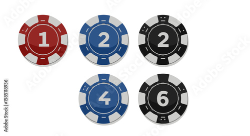 Colorful casino chips with numbers in realistic style on white background