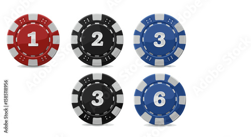 Colorful casino chips display numbers for poker and gambling games
