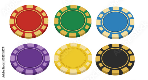 Colorful casino chips collection with gold accents in flat style