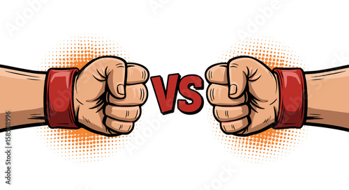Comic style fist bump challenge: two hands competing with vs symbol