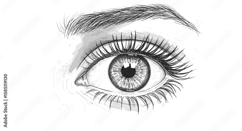Obraz premium Realistic pencil drawing of a detailed human eye with intricate eyelashes and eyebrow