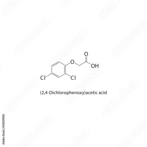 (2,4-Dichlorophenoxy)acetic acid skeletal structure. herbicide compound schematic illustration. Simple diagram, chemical formula.
