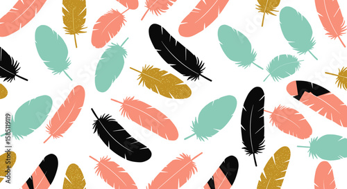 Colorful feather pattern with pastel and gold accents on white background