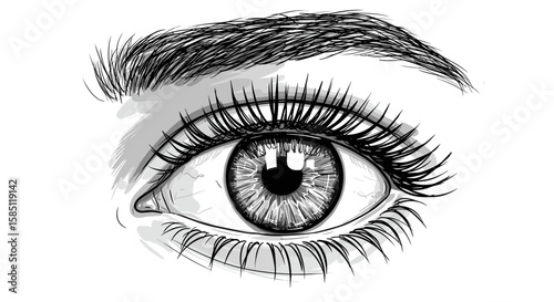 Detailed monochrome eye drawing with expressive eyelashes and texture