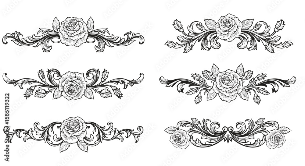 Naklejka premium Elegant floral ornament designs with intricate rose patterns