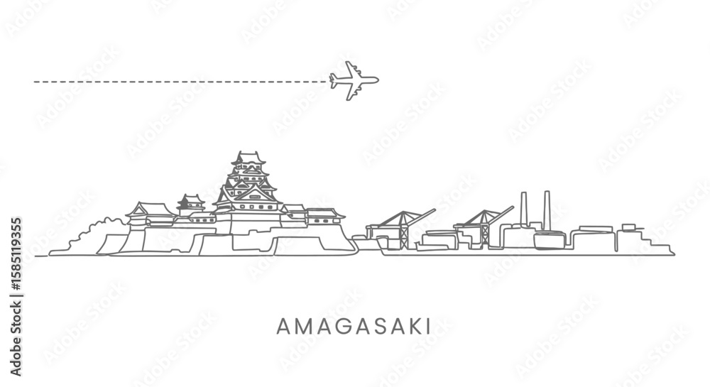 Fototapeta premium Amagasaki Line Art Castle with Plane, and Cityscape.