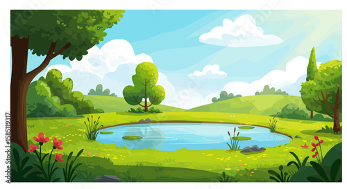 Serene summer landscape with pond and lush greenery in a vibrant cartoon style