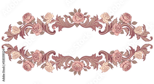 Elegant floral frame with vintage roses and ornate swirls in pastel tones