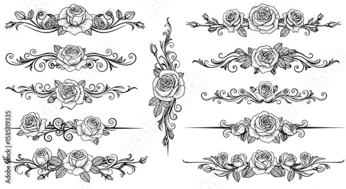 Elegant floral borders with rose decorations in intricate black and white design