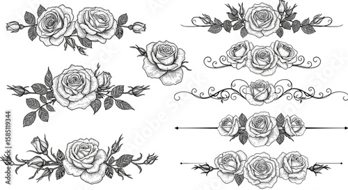 Elegant rose border set with vintage floral elements and filigree ornaments