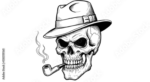 Skull wearing hat and smoking pipe: vintage tattoo art in black and white style