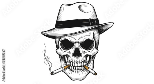 Smoking skull with fedora hat and cigarettes in detailed tattoo style