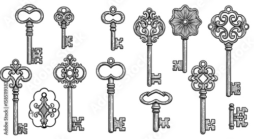 Ornate vintage keys collection in detailed black and white line art style