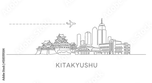 Kitakyushu skyline line art with Japan travel icon.
