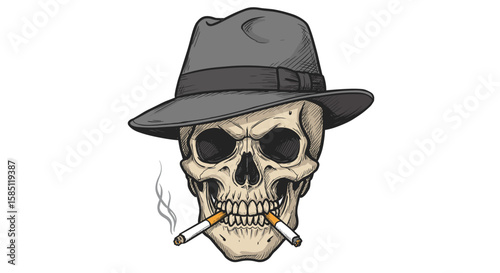 Vintage skull with cigarettes and fedora hat in engraved style