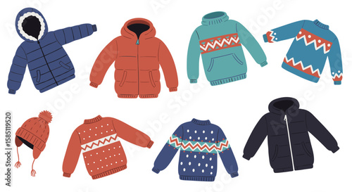 Cozy winter apparel collection featuring colorful jackets and sweaters
