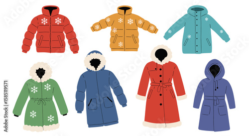 Winter outerwear collection with snowflakes in flat style