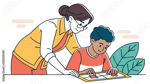 vector illustration of a the teacher checks the students work
