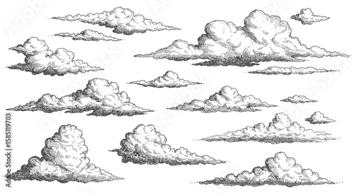 Hand drawn vintage cloud collection in intricate sketch style for design projects