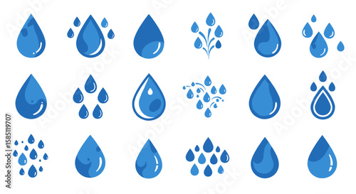 Blue water droplets set with splash variations on white background