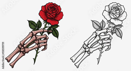 Skeleton hands holding roses: colorful and monochrome art