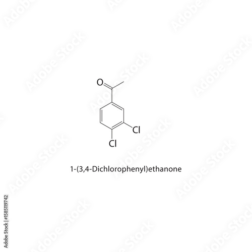 1-(3,4-Dichlorophenyl)-ethanone skeletal structure. halogen ketone compound schematic illustration. Simple diagram, chemical formula.