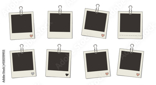 Set of blank photo frames with clip art and heart decoration
