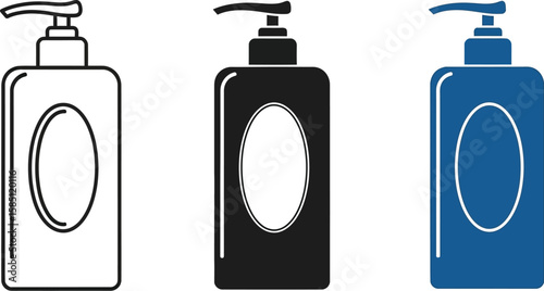 Set of cosmetic containers presenting black, blue and outline soap dispensers for hygiene, toiletries and personal care.
