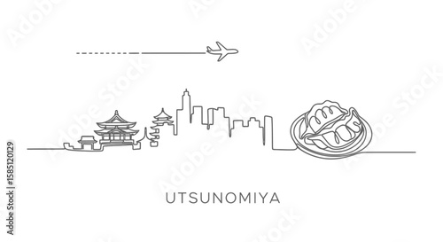 Utsunomiya line art with travel, food, and Japan skyline.