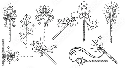 Magical wands collection with sparkling details in linear style