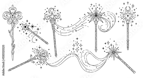 Elegant magic wands with stars and swirls in detailed line art style