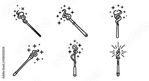 Magical wand set with sparkles and stars in simple black and white design