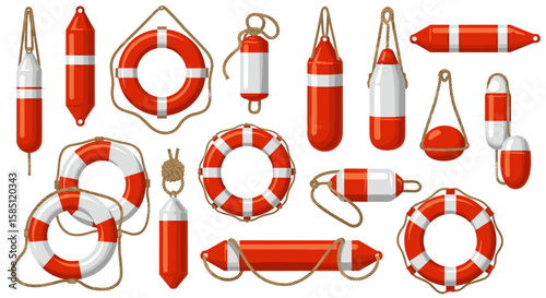 Diverse lifebuoys and fenders collection for nautical safety and decor