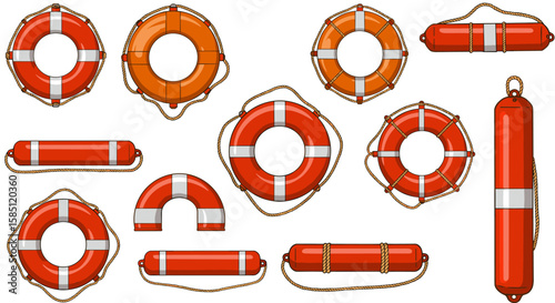 Diverse collection of nautical lifebuoys and safety equipment in flat design