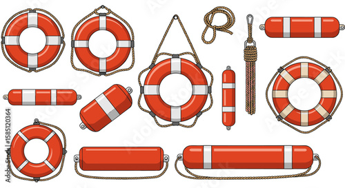 Variety of lifebuoys and maritime ropes in detailed flat style