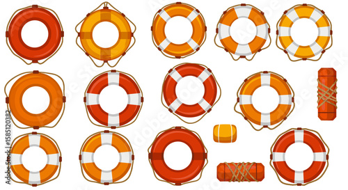 Colorful lifebuoy collection: detailed floating safety rings in various styles
