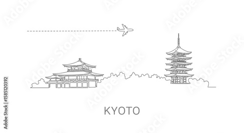 Kyoto skyline Landmark in Japan Travel line art.