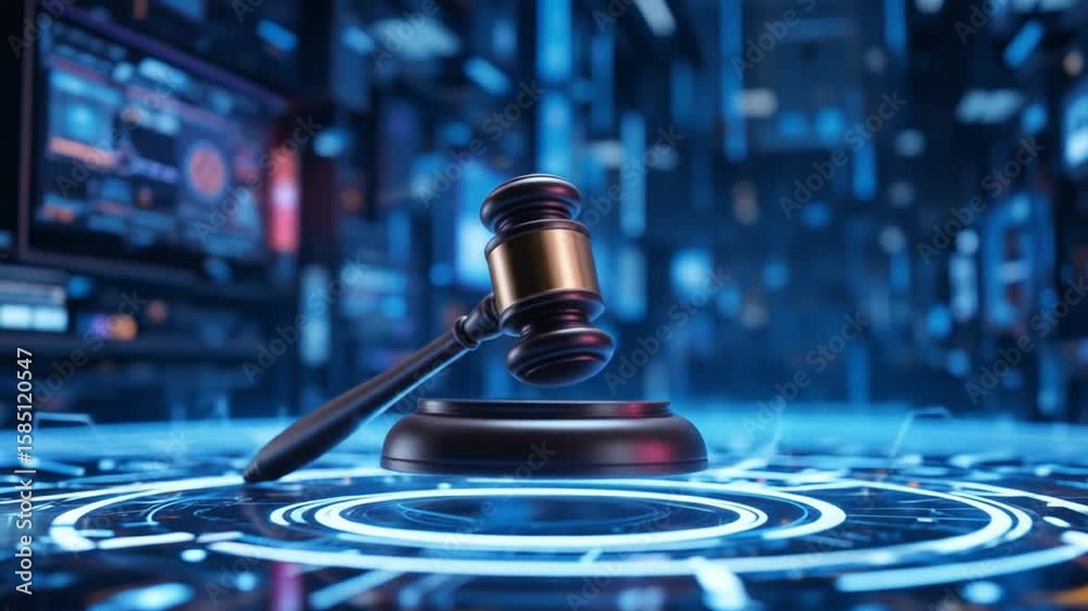 A judge's gavel hovers in a high-tech virtual space, symbolizing the enforcement of cybersecurity laws and regulations in an abstract technological environment. 4k video