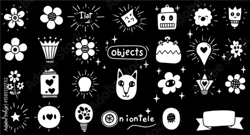 Cute Hand-Drawn White Doodles  Icons Collection on Black: Flowers, Objects, Creatures