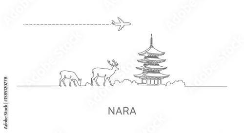 Nara Japan Skyline Deer with Temple and Airplane.
