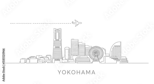 Yokohama Skyline Outline with Japan, Minimalist, and Travel.