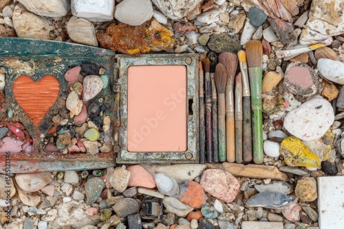 A unique collection of vintage makeup in a natural setting surrounded by colorful stones conveying nostalgia and creativity stimulating artistic expression captured with clarity