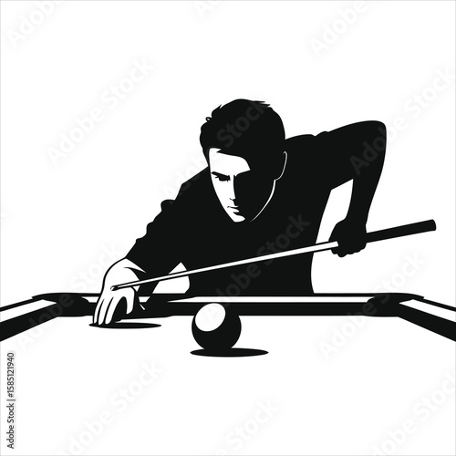 Man Playing Pool/Billiards Silhouette - Sport, Hobby & Leisure Vector Art.