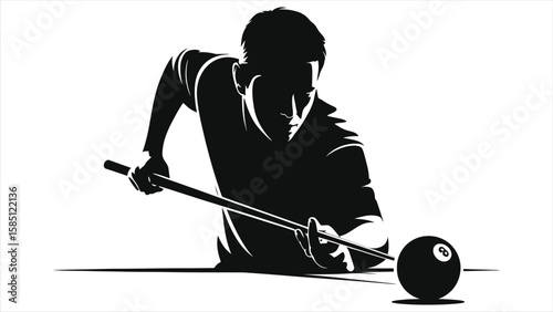 Man Playing Pool/Billiards Silhouette - Sport, Hobby & Leisure Vector Art.