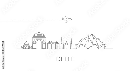 Delhi India Skyline with Travel, Airplane, and Line Art.