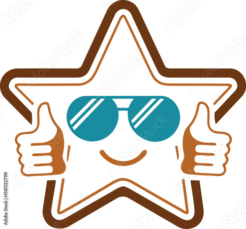 Cool star icon with sunglasses and thumbs up in flat cartoon vector style