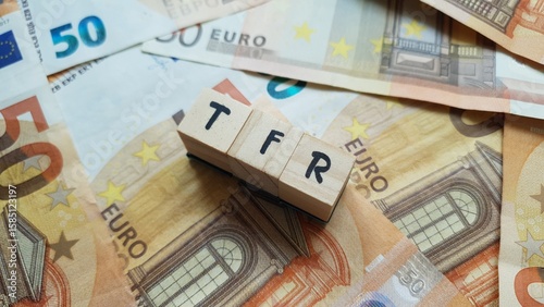 TFR acronym made of wooden letter cubes on pile of Euro banknotes. Trattamento di Fine Rapporto (Severance Pay)