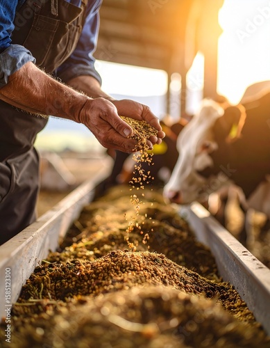 Work-worn farmer hands holding feed, dropping grain into trough with cattle gathering