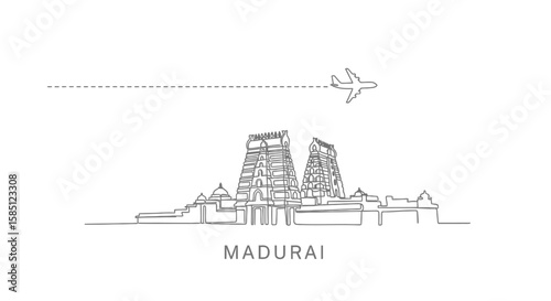 Madurai Temple Line Art Travel India Plane.