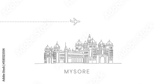 Mysore Palace with India Travel icon, and plane fly.